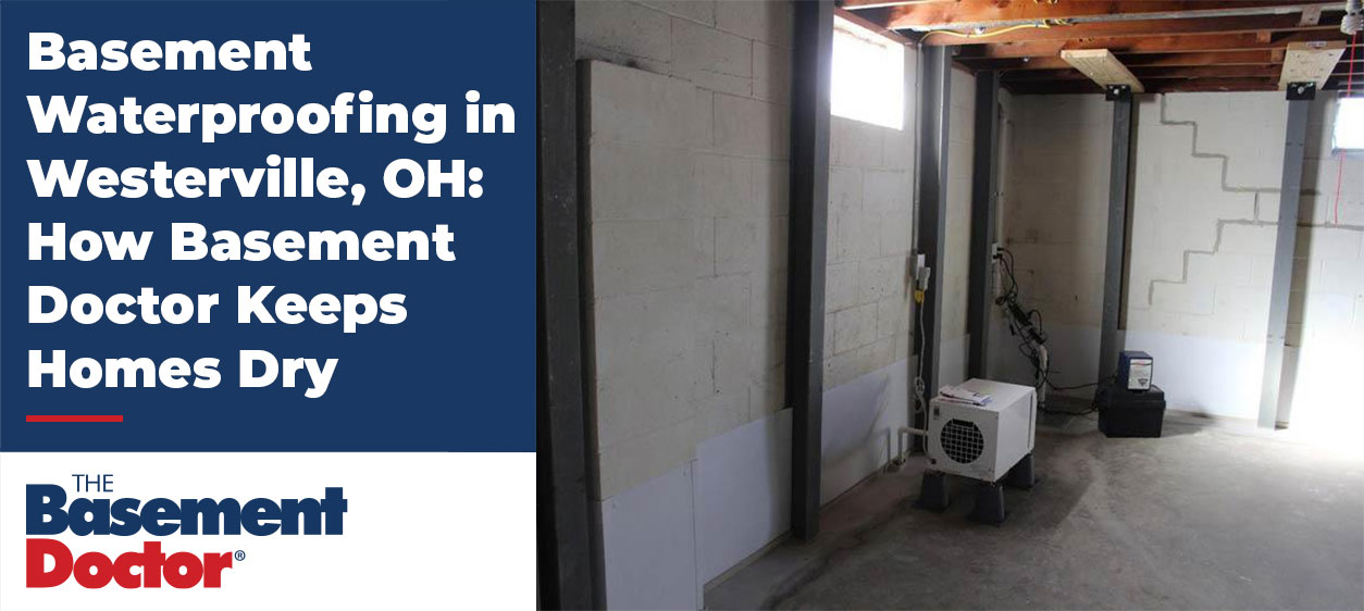 Basement waterproofing system installed in a Westerville, OH home with wall supports, drainage panels, and a dehumidifier.