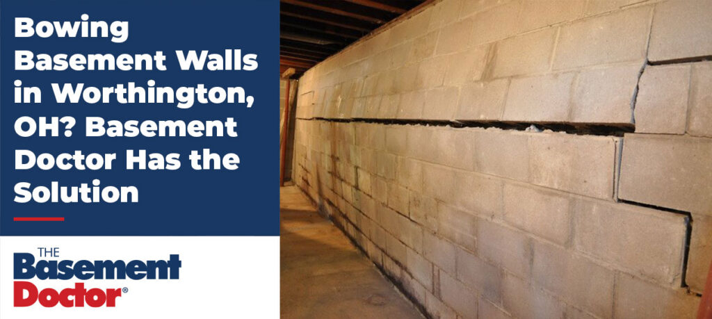 Severely bowing basement wall in a Worthington, OH home, showing horizontal cracking and foundation movement.