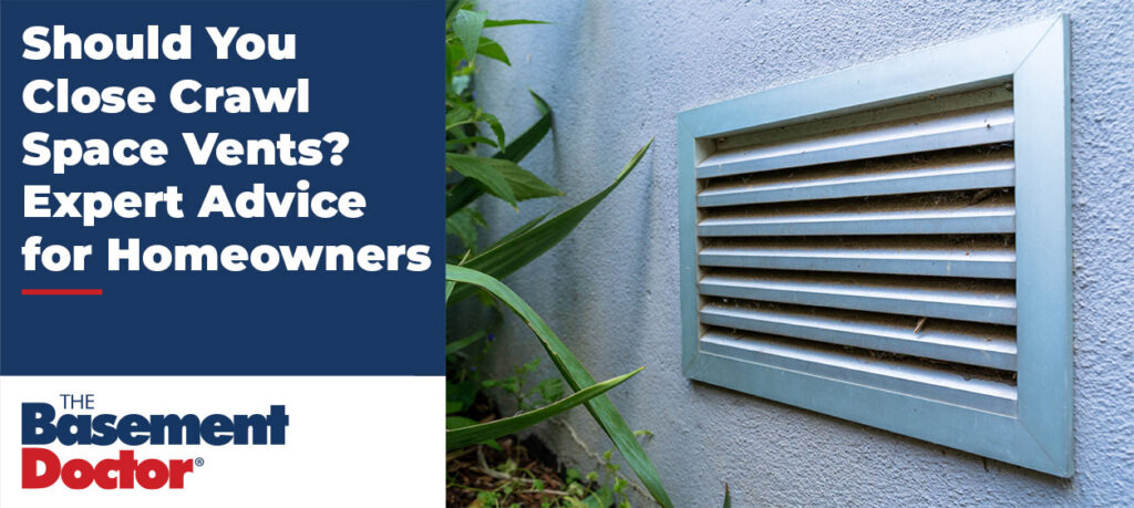 Crawl space vent on an exterior foundation wall surrounded by plants, illustrating ventilation concerns for homeowners.