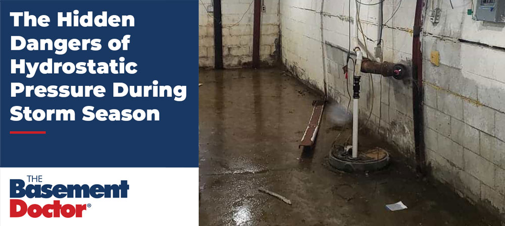 Basement floor flooding around a sump pump caused by hydrostatic pressure during storm season.