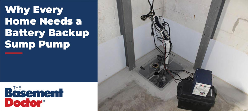 Battery backup sump pump system installed in a basement with sealed sump pit, discharge piping, and backup battery for flood protection.