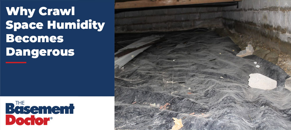 Crawl space with plastic vapor barrier showing moisture issues and debris, illustrating high humidity conditions beneath a home.